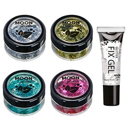 Moon Glitter Biodegradable Eco Glitter - 100% Cosmetic Organic Glitter for Face, Body, Nails, Hair and Lips - Set of 4 x 3 g - Plus Glitter Fixing Gel