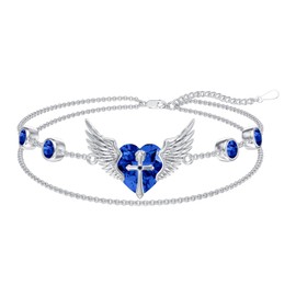 Flpruy Angel Wing Bracelet with Cross Sterling Silver Guardian Angel Bracelets with September Birthstone Blue Sapphire Bracelets for Women Guardian Angel Jewelry Gifts for Women