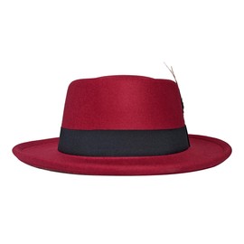 Punctualgood Wool Felt Fedora Hats for Women Men, Wide Brim Flat Top Hat, Jazz Hat with Feather Unisex (US, Alpha, One Size, Wine Red)