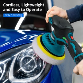 FABOKA 6 Inch Cordless Car Buffer Polisher, 12V Dual-Action Random Orbital Polisher, Portable Polishing Waxer Machine with 2PCS 2.0Ah Rechargeable Batteries, 25PCS Attachments