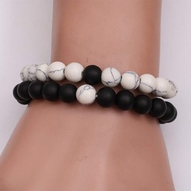 MINGZE Armband aus Natursteinen, 2 Stück – Distanz Paar Armband mit Crown King & Queen schwarz matt Achat & White Howlith, 8 mm Perlenarmband, One Size, Stein