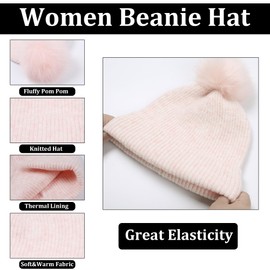 SERENYOU Women Hat Scarf Gloves Pom Pom Knitted Beanie Neck Warmer Touchscreen Gloves Set Knitting Skull Cap Accessory, Pink, One Size