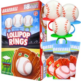 Baseball Lollipop Rings, Individually Wrapped Candy for Party Favors, Goodie Bags, and End of Season Parties, Box of 18