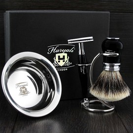 ftDE Men's Shaving Set Ready to Use Safety Razor Chip Tip Badger Hair Brush Double Stand for Razor and Brush and Stainless Steel Bowl