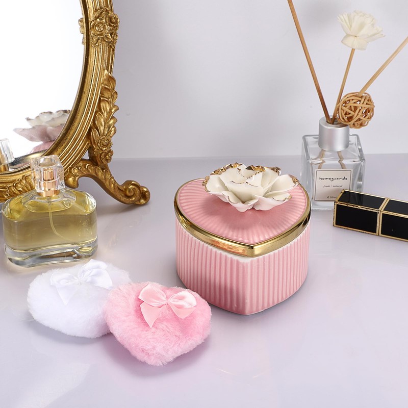 SUMTree Ceramic Body Powder Puffs and Container, Dusting Powder Container