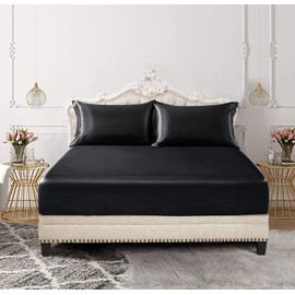 SiinvdaBZX 3-Piece Set Satin Twin XL Fitted Sheet & 2 Pillowcase, Black Silky Soft Fitted Bottom Sheet Twin Extra Long Bed Sheets, Wrinkle Free, Fade Resistant (Deep Up to 15")