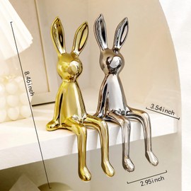 Jubiluxor 2-Piece Rabbit Decor Sculptures - Home, Office, Living Room, Bedroom - Accents, Decorations, Figurines - Small Statues for Bookshelf, Desk - Ideal Gifts (Gold, Silver)