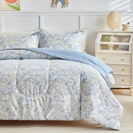 Joyreap 3pcs Floral Cotton Comforter Set for Girls, Flowers Blue Design, Queen Size Soft n Cozy Kids Bedding Comforter for All Season- 88x88 inches