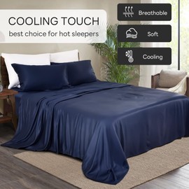 NEXHOME PRO Tencel Sheets Cal King 4 Piece, 100% Eucalyptus Lyocell Cooling Navy Bed Sheets Set, Organic Breathable Fitted Sheets with 16 Inch Deep Pocket for Hot Sleepers, 72" x 84"
