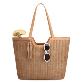 VASCHY Straw Beach Tote Bag for Women, Cute Trendy Woven Crochet Raffia Summer Shoulder Handbags Purses for Travel Vacation Brown