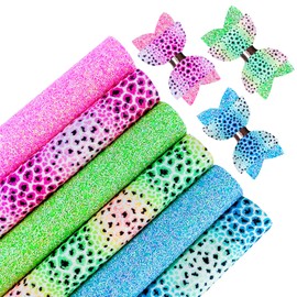 Greatdiy 10pcs Sparkly Rainbow Leopard Printed Faux Leather Sheets 8 x 12 inch Shiny Glow in The Dark Chunky Glitter Fabric for Bows Earrings (Rainbow Leopard)