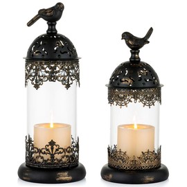 Nuptio - Portavelas clásico para pilares, de hierro forjado marroquí, huracán, centro de mesa ornamentado para decoración de mantos, portavelas para mesa, sala de estar, balcón, jardín, 2 unidades