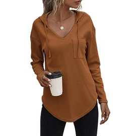 morhuduck Women's V Neck Hoodies Long Sleeve Sweatshirt Drawstring Pullover Tops with Pocket (Camel M)