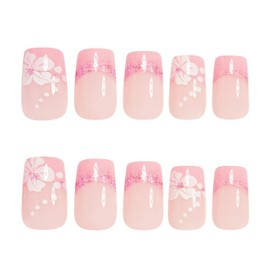 French Tip Press on Nails Medium Square White Flower Fake Nails,with Pink Glitter Design Glossy Nude Full Cover False Nails Acrylic for Women Cute DIY Manicure Accessories Kit 24Pcs