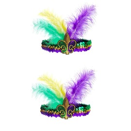 MEISH Mardi Gras Headband Sequin Faux Feather Fascinators Headpieces Masquerade Mask Party Fleur De Lis Hair Band for Women Girls(2)