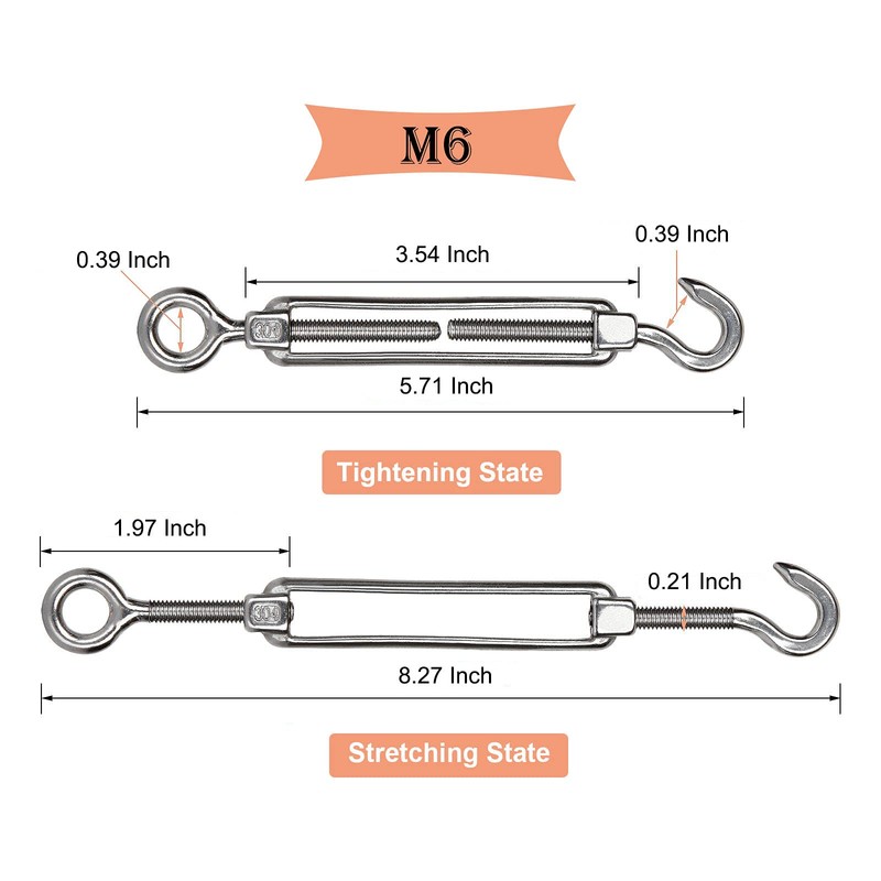 FVIEXE 10Pack M6 Turnbuckle Hook and Eye, Stainless Steel Cables