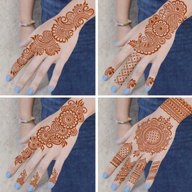QSTOHENA Indian Henna Tattoo Stencils Kit for Hands, Forearm, Glitter Airbrush DIY Tattooing Template, 9 Sheets Reusable Temporary Tattoo Stickers for Women Girls (21 x 12 cm)