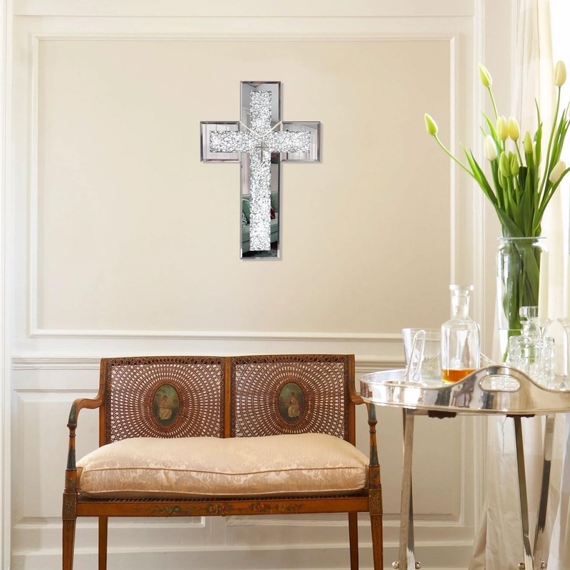 GIMORRTO Mirrored Cross Wall Decor - Crushed Diamond-Embedded Glass Mirror