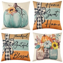 Volcanics Set of 4 Fall Pumpkin Throw Pillow Covers 20x20, Autumn Harvest Floral Cushion Cases with Home Sweet Home, Thankful Grateful Blessed Quotes for Farmhouse Sofa Couch Decorations