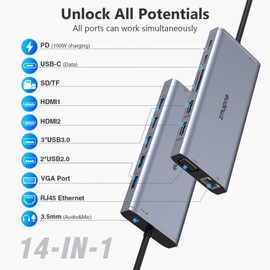 Docking Station Dual Monitor for Dell HP, Thunderbolt 3/4 Dock USB C Hub Multiport Adapter Triple Monitor to 2 HDMI 4K,VGA,Ethernet,5 USB,PD,SD/TF,3.5MM for Lenovo,Surface,MacBook Laptops