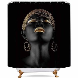 NTETSN Black Afro Girl Shower Curtain, Black Girl Golden Lips Decor Set with 12 Hooks 72 X 72 in Washable Polyester Fabric, Bathroom Accessories, LHNT406-72