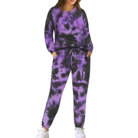 TIYOMI Plus Size 2 Piece Outfits Long Sleeved 5X Round Neck Tie Dye Lounge Workout Biker Travel Loungewear Sets Pajamas Tracksuit Autumn Winter Pj Purple 5XL