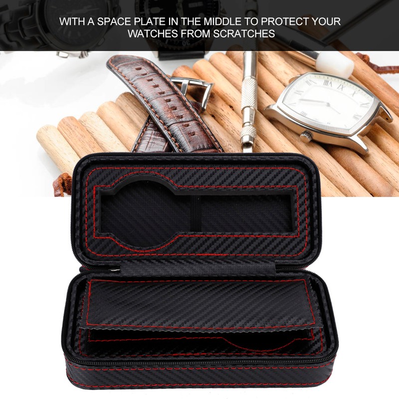 Portable 2Slots Carbon Fiber Leather Watch Storage Box Case Wristwatch