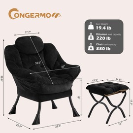 Congermom Lazy Chair with Folding Ottoman,Leisure Sofa Chair,Soft Fabric Armchair with Armrests and Side Pockets, Reading Chair with Footrest for Living Room, Bedroom, Office (Plush Black)