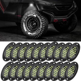 20 Pods White Rock Lights, LED Under Glow Lights with 6000K Pure White, Rubber Mounting Pads, IP67 Waterproof Rock Lights for Trucks Trailer Cars SUV ATV UTV Boats