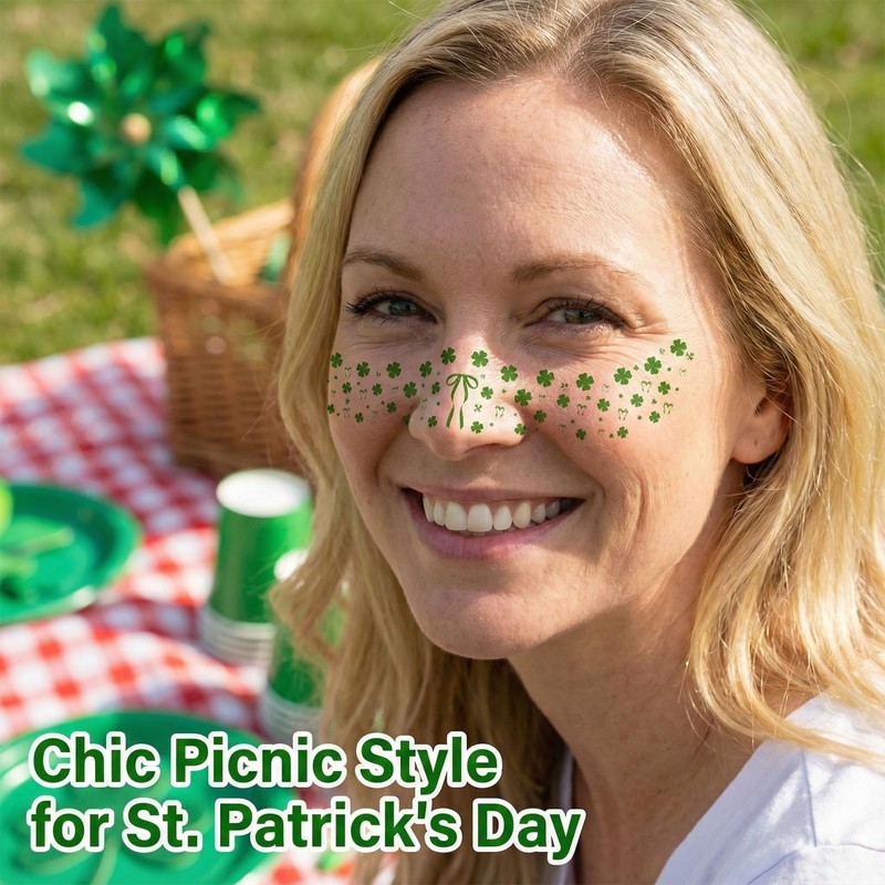 6PCS St. Patrick's Day Face Stickers,Green Glitter Freckles,Shamrock Face Temporary