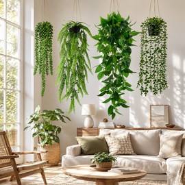 4 Pack Artificial Hanging Plants for Home Decor – Lush Faux Greenery in Pots for Indoor & Outdoor Spaces