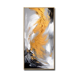 Hand Painted Gold Abstract Canvas Wall Art for Living Room,3D Black and White Oil Painting for Office,Framed Modern Wall Decor for Kitchen Ready to Hang 24x48inches
