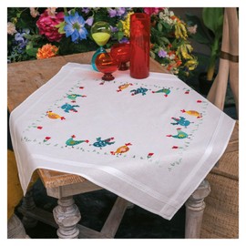 Vervaco Embroidery Kit Tablecloth Embroidery Set Adult Pre-Printed Colourful Chickens Embroidery Blankets Pre-Drawn Blanket Embroidery Kit Satin Stitch 80 x 80 cm Fabric for Embroidery Creative Gift