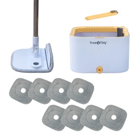 True & Tidy® TrueClean Mop and Bucket System Plus with New Easy Lift Inner Bucket, Self Wringing, Separates Clean from Dirty Water, Folding Mop Head, Dual Brush System, 8-pc Machine Washable Mop Pads