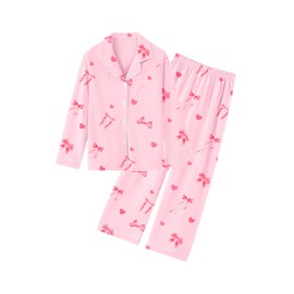 QZH.DUAO 100% Cotton Pajamas Set, Girls PJ Set Button Down Long Sleeve pjs Sleepwear Nightwear for girl, Pink Bow, 9-10 Years