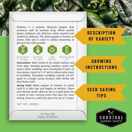 Poblano Pepper Seeds for Planting | Ancho Chile Heirloom Variety – Non-GMO Seeds for Roasting, Stuffing & Drying – Survival Garden Seeds (1 Pack)