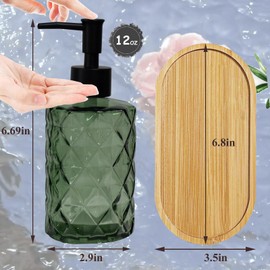 Glass Hand and Dish Soap Dispenser Set of 2 with Plastic Pumps, Bamboo Tray, 12oz Bathroom Soap Dispenser for Hand Wash & Dish Wash, Ideal for Bathroom Kitchen Countertop (Green)