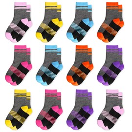 GENTABY 12 Pairs Girls Crew Socks Colorful Plaid Toddler Elastic Mid-Calf Kids Socks for 2-4 Years, Soft & Stretchy for School, Play, Sports