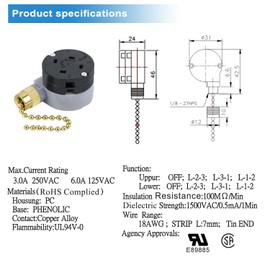 Ceiling Fan Switch Zing Ear ZE-208D 3 Speed Control 5-8 Wire Pull Chain Switch Accessories Fans Replacement Part (Brass Chain)
