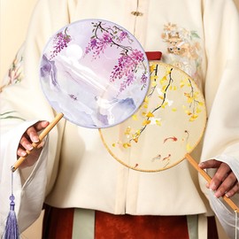 EINCORN Handhelds Chinese Fan Classical Tassels Chinese Inks Painting Fan Florals Pattern Round Silk Fan