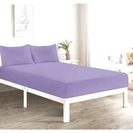 Fitted Bed Sheet With FREE MATCHING 2 X PILLOW CASES Poly Cotton Percale Easy Care Plain Dyed Bed Sheet Lilac Double