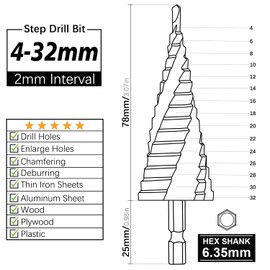 3PCS HSS Spiral Step Drill Bit Sets, SS SHOVAN 4-Flute Metal Drill Bits, 1/4" Hex Shank, Metric 4-32mm Cone Cutter, Hole Cutter for Sheet Metal, Plastic, Steel Plate