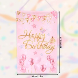 Tinoaly Happy Birthday Door Banner, Pink Hanging Door Sign Birthday Decoration Doors Hanger Backdrop Cover Porch Wall Decors for Girls Women Party Favors Supplies