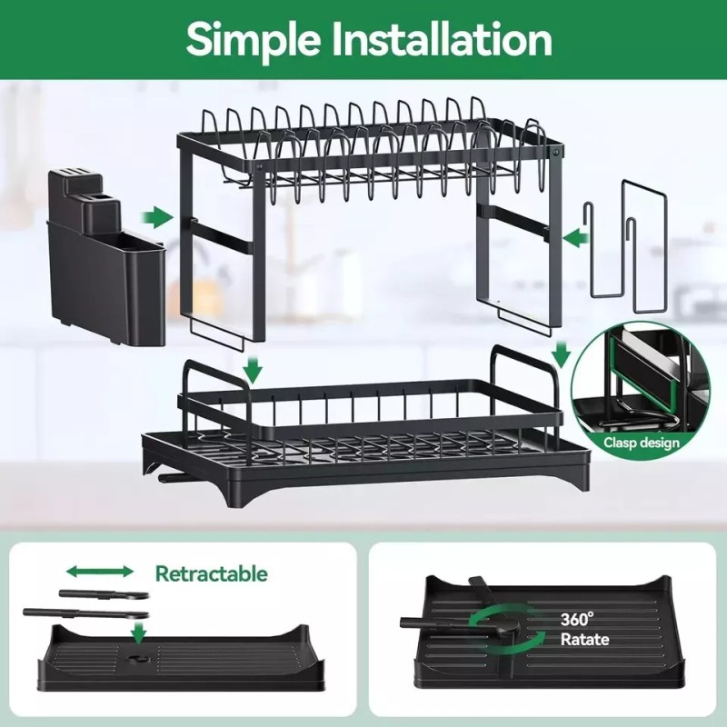 AIDERLY 2 Tier Dish Drainer Rack with Drip Tray Cutlery