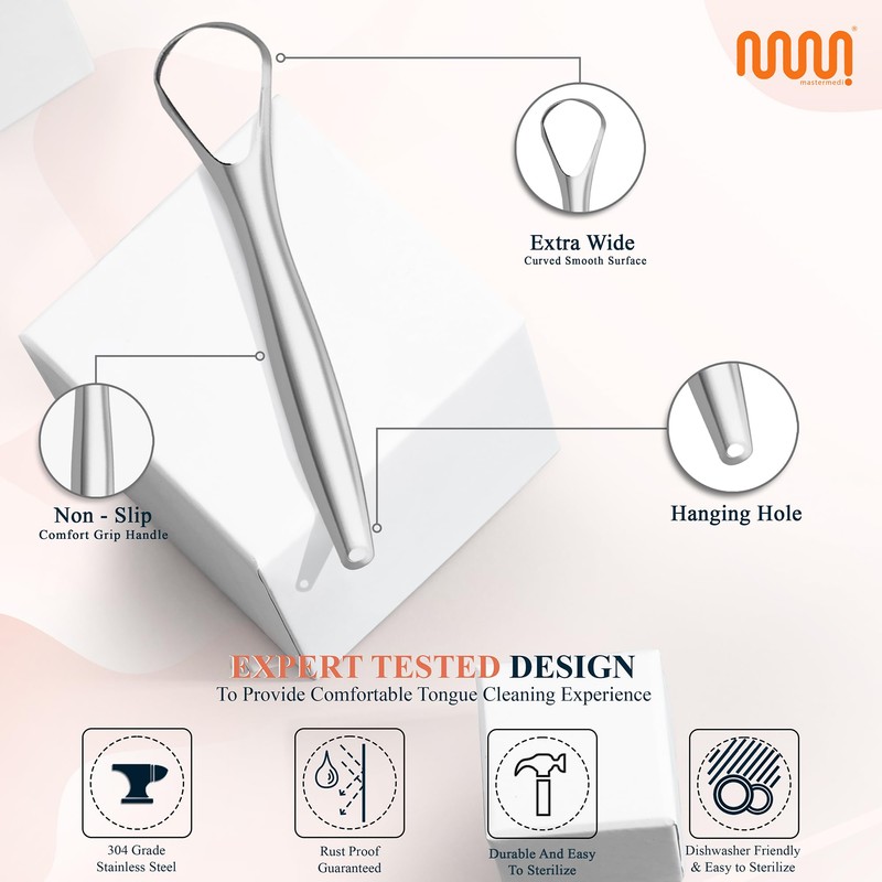 MasterMedi Tongue Scraper with Multicolor Cases (2 Pack), 100% Stainless