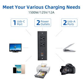 TooCust - Juego de 2 regletas de alimentación empotradas con puerto USB C, salida de computadora con 3 puertos USB, toma de corriente para cajones de conferencias con 2 enchufes de CA, enchufe