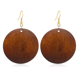 KaFu Dangle Natural Wood Teardrop Geometric Circle Earrings Stainless Steel Stud Bohemia Retro Earrings for Women (Dark Brown-Round)