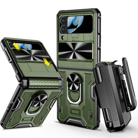 VEGO for Galaxy Z Flip 4 Case with Belt Clip Holster, 360°Ring Magnetic Kickstand & Slide Camera Cover & Hinge Protection, Military Grade Shockproof Armor Cover - Green