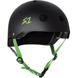 S1 Lifer Helmet for Skateboarding, BMX, and Roller Skating - Black Matte w/Bright Green Straps, X-Large (22.5")