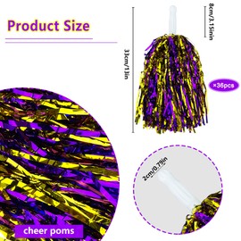 36PCS Purple Gold Cheerleading Pom Poms with Metallic Foil Plastic Baton Handle for Game Sports Squads Dancing Football Basketball Club Spirit Sports Stage Performance Celebration